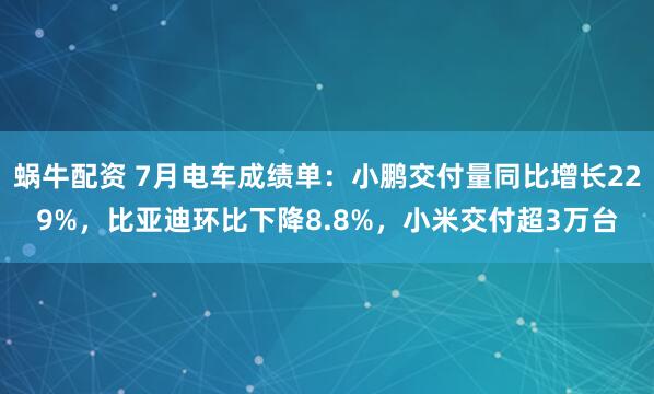 蜗牛配资 7月电车成绩单：小鹏交付量同比增长229%，比亚迪环比下降8.8%，小米交付超3万台